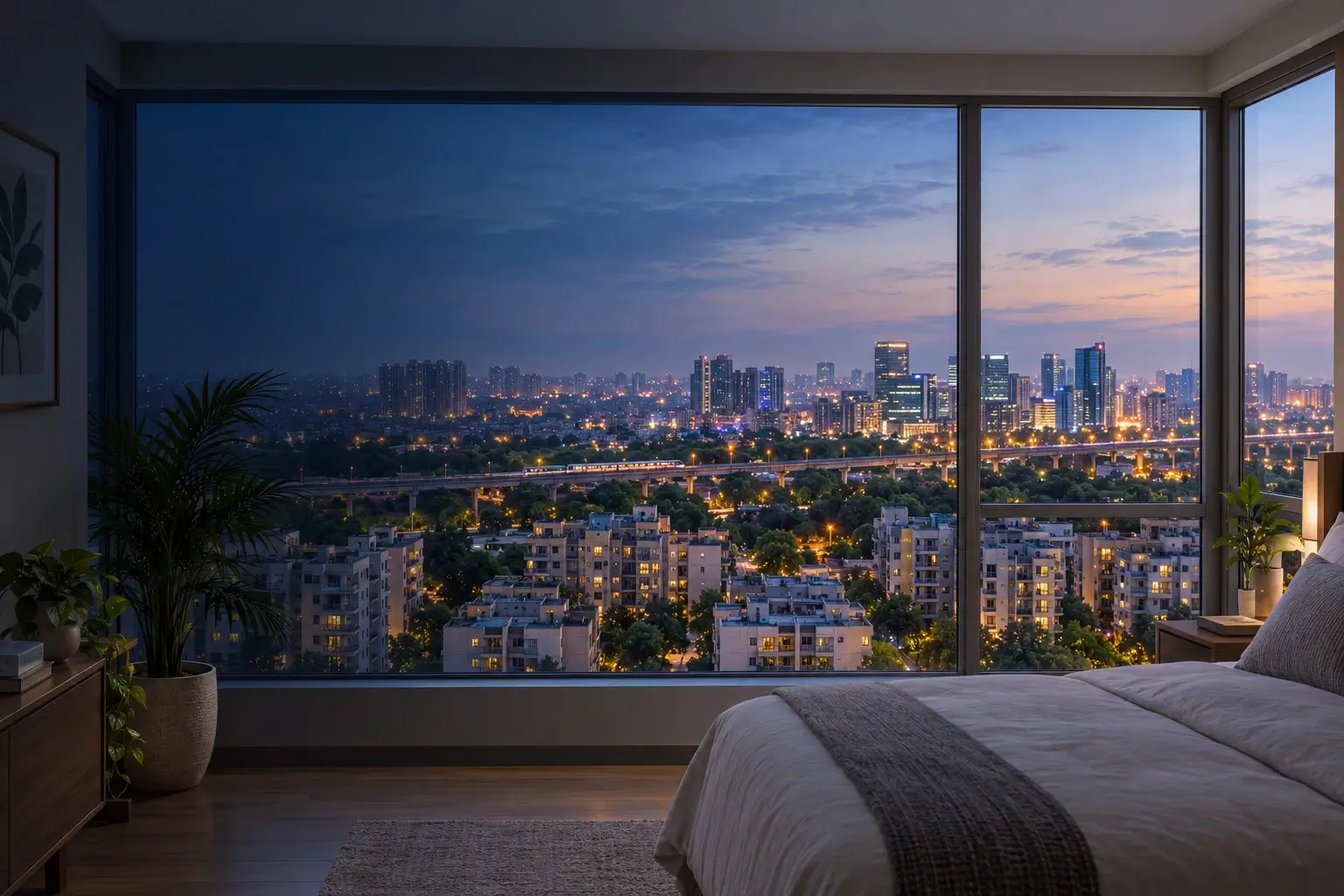 Bright city-centre apartment interior with a skyline view